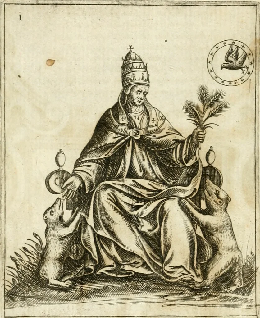 An illustration from Vaticinia, siue, Prophetiae Abbatis Ioachimi & Anselmi episcopi marsicani ... : qvibvs rota et oraculum turcicum maxime considerationis adiecta sunt : vnà cum praefatione et adnotationibus Paschalini Regiselmi = Vaticinii, ouero, Profetie dell'abbate Gioachino & di Anselmo vescovo di Marsico ... : a qvalli e aggionta una ruota et un' oracolo turchesco di grandissima cosideratione : insieme con la prefatione et annotationi di Pasqualino Regiselmo, 1600, leaf 37