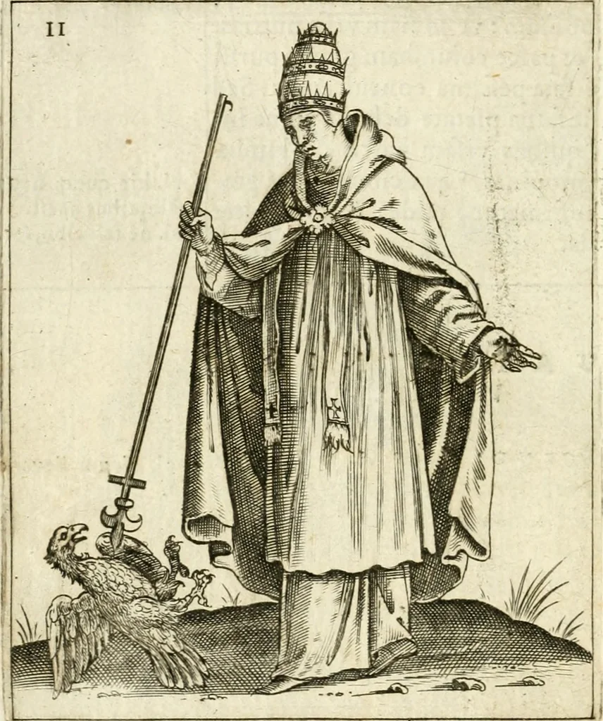 An illustration from Vaticinia, siue, Prophetiae Abbatis Ioachimi & Anselmi episcopi marsicani ... : qvibvs rota et oraculum turcicum maxime considerationis adiecta sunt : vnà cum praefatione et adnotationibus Paschalini Regiselmi = Vaticinii, ouero, Profetie dell'abbate Gioachino & di Anselmo vescovo di Marsico ... : a qvalli e aggionta una ruota et un' oracolo turchesco di grandissima cosideratione : insieme con la prefatione et annotationi di Pasqualino Regiselmo, 1600, leaf 39
