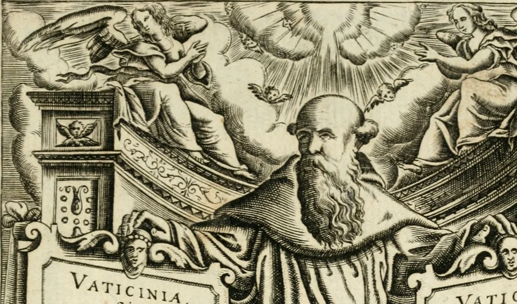 An illustration from Vaticinia, siue, Prophetiae Abbatis Ioachimi & Anselmi episcopi marsicani ... : qvibvs rota et oraculum turcicum maxime considerationis adiecta sunt : vnà cum praefatione et adnotationibus Paschalini Regiselmi = Vaticinii, ouero, Profetie dell'abbate Gioachino & di Anselmo vescovo di Marsico ... : a qvalli e aggionta una ruota et un' oracolo turchesco di grandissima cosideratione : insieme con la prefatione et annotationi di Pasqualino Regiselmo, 1600, leaf 4