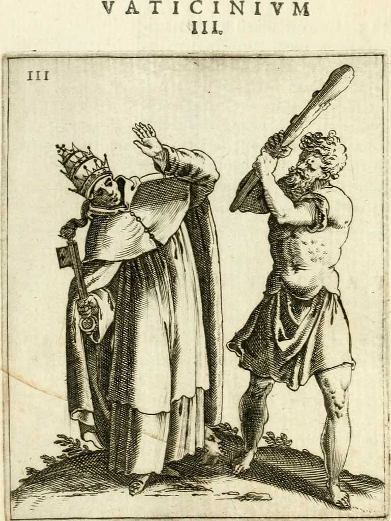 An illustration from Vaticinia, siue, Prophetiae Abbatis Ioachimi & Anselmi episcopi marsicani ... : qvibvs rota et oraculum turcicum maxime considerationis adiecta sunt : vnà cum praefatione et adnotationibus Paschalini Regiselmi = Vaticinii, ouero, Profetie dell'abbate Gioachino & di Anselmo vescovo di Marsico ... : a qvalli e aggionta una ruota et un' oracolo turchesco di grandissima cosideratione : insieme con la prefatione et annotationi di Pasqualino Regiselmo, 1600, leaf 41
