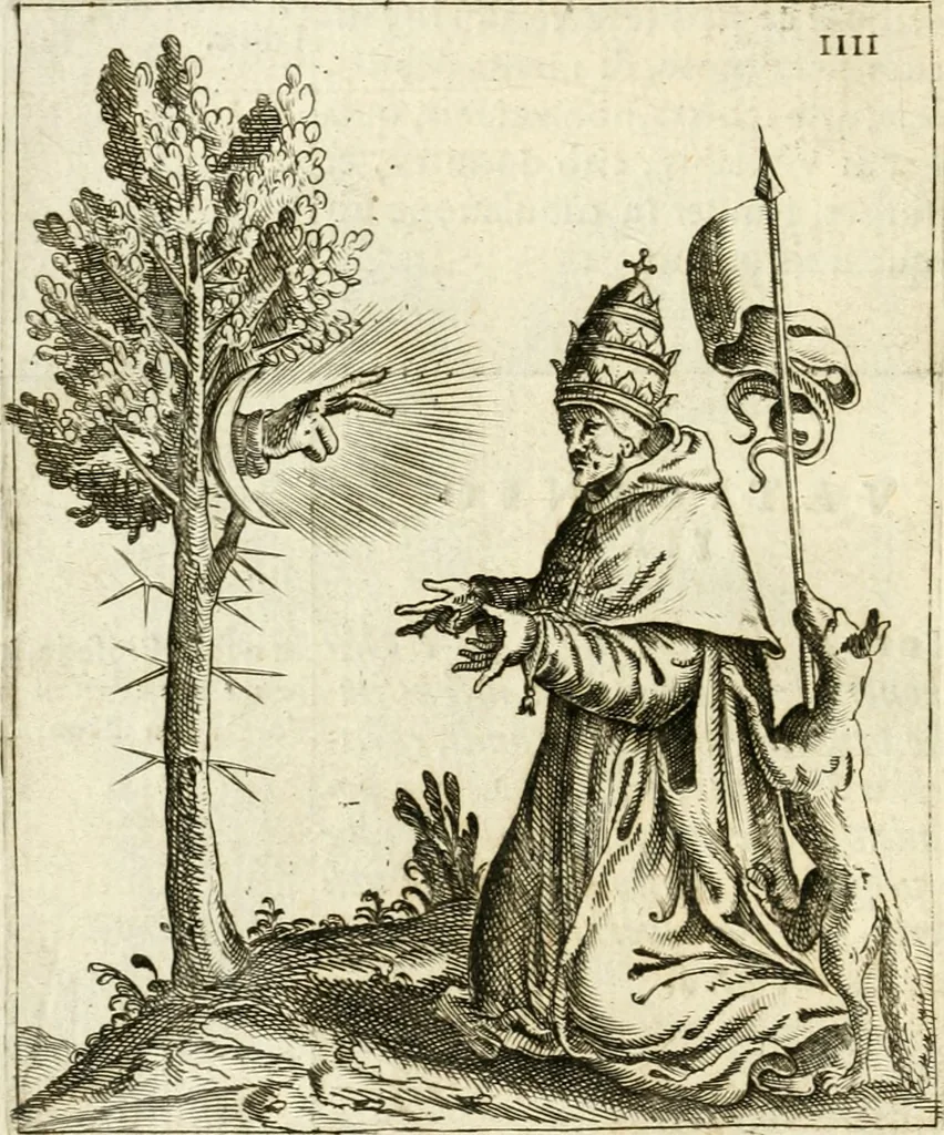 An illustration from Vaticinia, siue, Prophetiae Abbatis Ioachimi & Anselmi episcopi marsicani ... : qvibvs rota et oraculum turcicum maxime considerationis adiecta sunt : vnà cum praefatione et adnotationibus Paschalini Regiselmi = Vaticinii, ouero, Profetie dell'abbate Gioachino & di Anselmo vescovo di Marsico ... : a qvalli e aggionta una ruota et un' oracolo turchesco di grandissima cosideratione : insieme con la prefatione et annotationi di Pasqualino Regiselmo, 1600, leaf 43