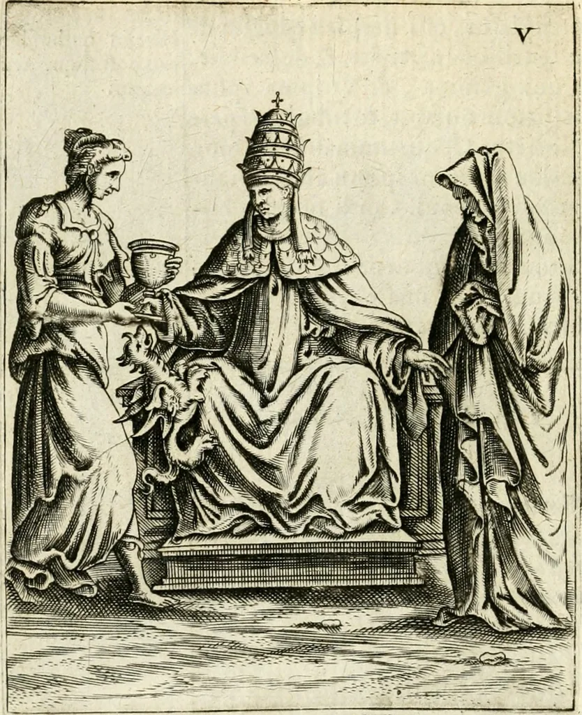An illustration from Vaticinia, siue, Prophetiae Abbatis Ioachimi & Anselmi episcopi marsicani ... : qvibvs rota et oraculum turcicum maxime considerationis adiecta sunt : vnà cum praefatione et adnotationibus Paschalini Regiselmi = Vaticinii, ouero, Profetie dell'abbate Gioachino & di Anselmo vescovo di Marsico ... : a qvalli e aggionta una ruota et un' oracolo turchesco di grandissima cosideratione : insieme con la prefatione et annotationi di Pasqualino Regiselmo, 1600, leaf 45