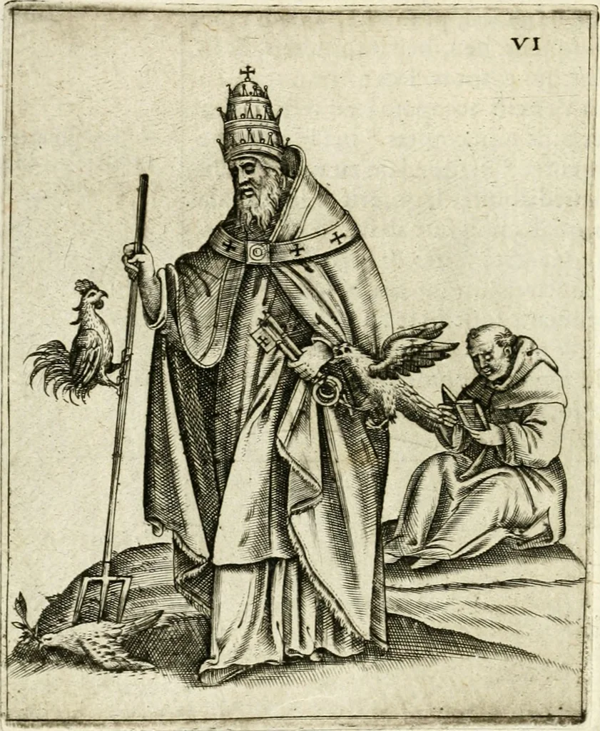 An illustration from Vaticinia, siue, Prophetiae Abbatis Ioachimi & Anselmi episcopi marsicani ... : qvibvs rota et oraculum turcicum maxime considerationis adiecta sunt : vnà cum praefatione et adnotationibus Paschalini Regiselmi = Vaticinii, ouero, Profetie dell'abbate Gioachino & di Anselmo vescovo di Marsico ... : a qvalli e aggionta una ruota et un' oracolo turchesco di grandissima cosideratione : insieme con la prefatione et annotationi di Pasqualino Regiselmo, 1600, leaf 47