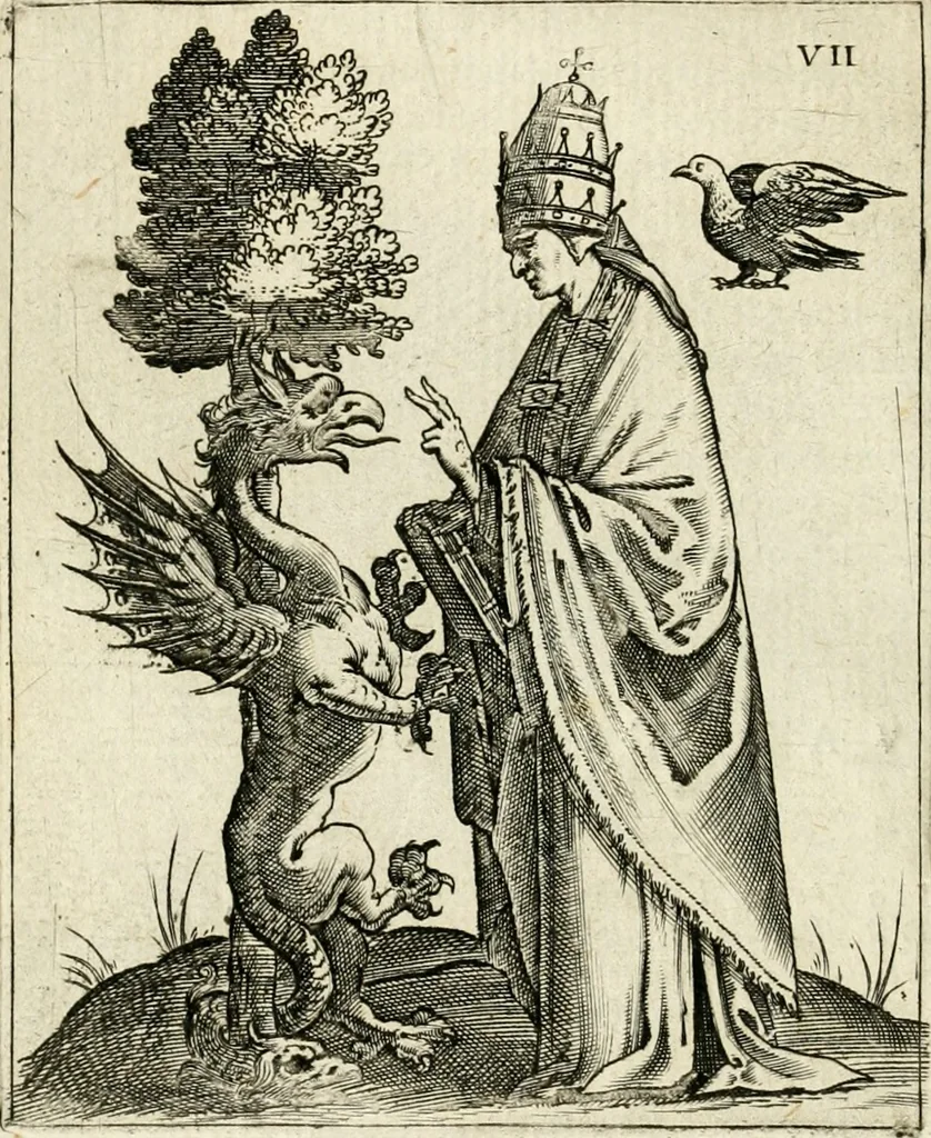 An illustration from Vaticinia, siue, Prophetiae Abbatis Ioachimi & Anselmi episcopi marsicani ... : qvibvs rota et oraculum turcicum maxime considerationis adiecta sunt : vnà cum praefatione et adnotationibus Paschalini Regiselmi = Vaticinii, ouero, Profetie dell'abbate Gioachino & di Anselmo vescovo di Marsico ... : a qvalli e aggionta una ruota et un' oracolo turchesco di grandissima cosideratione : insieme con la prefatione et annotationi di Pasqualino Regiselmo, 1600, leaf 49