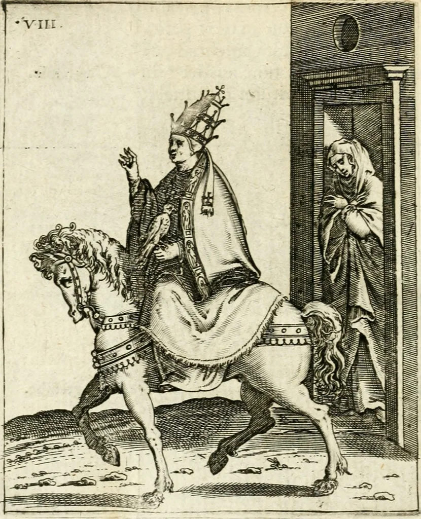 An illustration from Vaticinia, siue, Prophetiae Abbatis Ioachimi & Anselmi episcopi marsicani ... : qvibvs rota et oraculum turcicum maxime considerationis adiecta sunt : vnà cum praefatione et adnotationibus Paschalini Regiselmi = Vaticinii, ouero, Profetie dell'abbate Gioachino & di Anselmo vescovo di Marsico ... : a qvalli e aggionta una ruota et un' oracolo turchesco di grandissima cosideratione : insieme con la prefatione et annotationi di Pasqualino Regiselmo, 1600, leaf 51