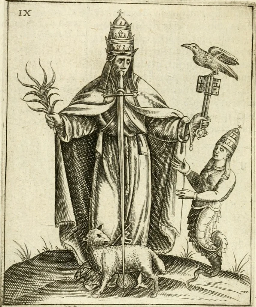 An illustration from Vaticinia, siue, Prophetiae Abbatis Ioachimi & Anselmi episcopi marsicani ... : qvibvs rota et oraculum turcicum maxime considerationis adiecta sunt : vnà cum praefatione et adnotationibus Paschalini Regiselmi = Vaticinii, ouero, Profetie dell'abbate Gioachino & di Anselmo vescovo di Marsico ... : a qvalli e aggionta una ruota et un' oracolo turchesco di grandissima cosideratione : insieme con la prefatione et annotationi di Pasqualino Regiselmo, 1600, leaf 53