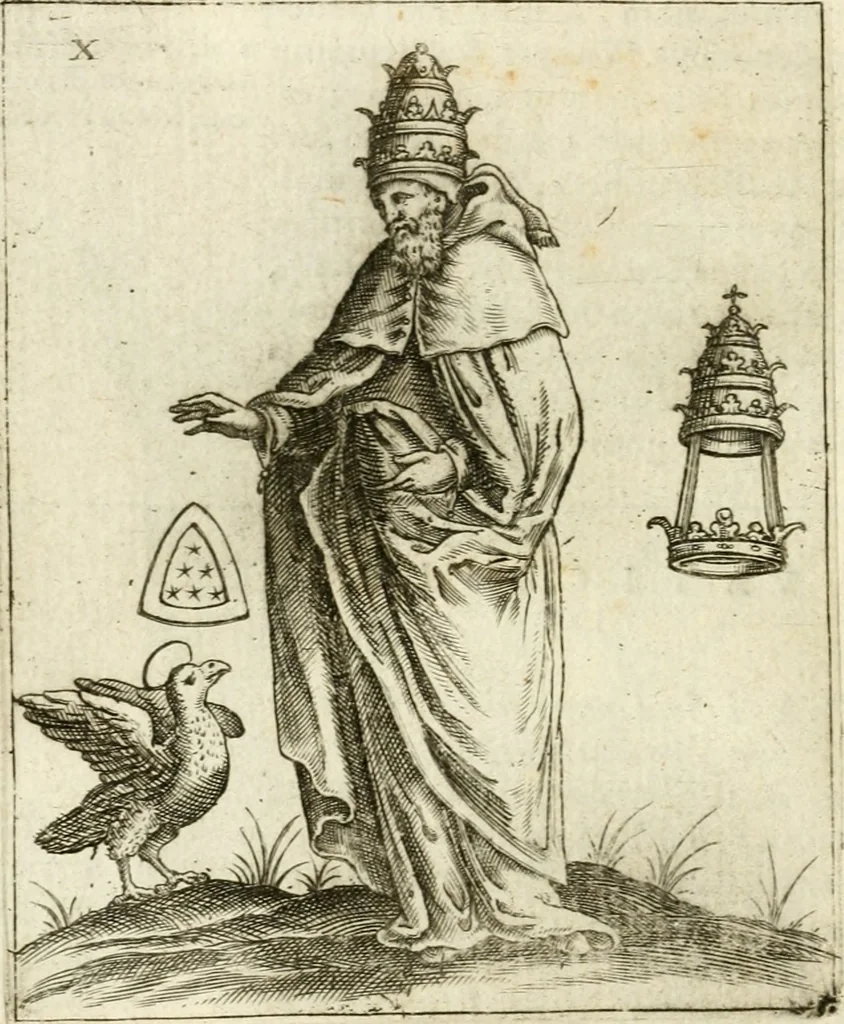 An illustration from Vaticinia, siue, Prophetiae Abbatis Ioachimi & Anselmi episcopi marsicani ... : qvibvs rota et oraculum turcicum maxime considerationis adiecta sunt : vnà cum praefatione et adnotationibus Paschalini Regiselmi = Vaticinii, ouero, Profetie dell'abbate Gioachino & di Anselmo vescovo di Marsico ... : a qvalli e aggionta una ruota et un' oracolo turchesco di grandissima cosideratione : insieme con la prefatione et annotationi di Pasqualino Regiselmo, 1600, leaf 55