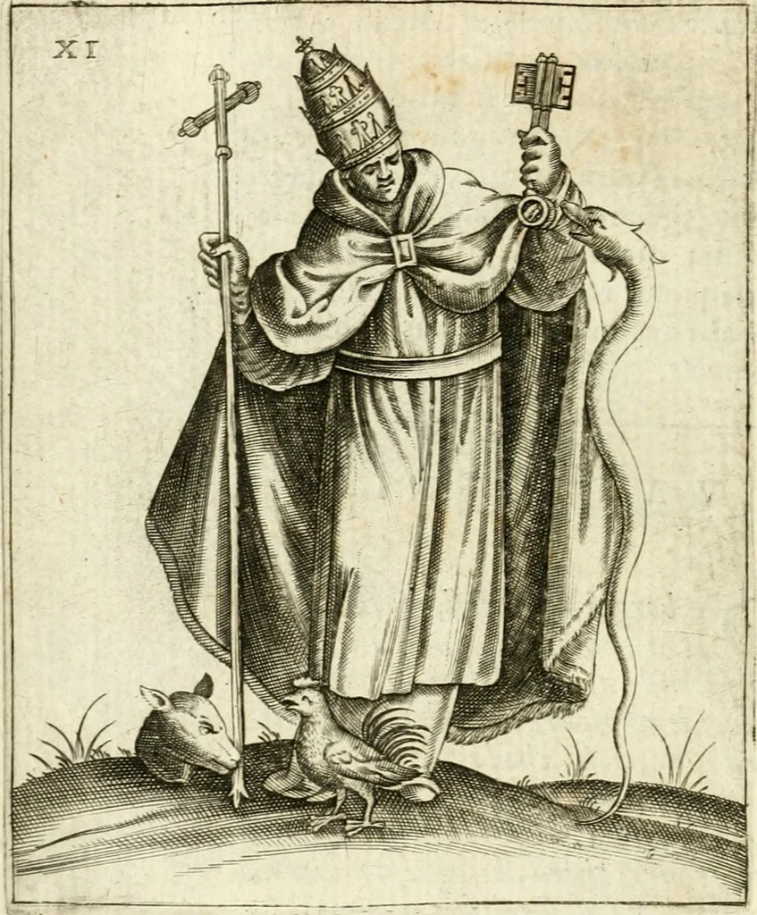 An illustration from Vaticinia, siue, Prophetiae Abbatis Ioachimi & Anselmi episcopi marsicani ... : qvibvs rota et oraculum turcicum maxime considerationis adiecta sunt : vnà cum praefatione et adnotationibus Paschalini Regiselmi = Vaticinii, ouero, Profetie dell'abbate Gioachino & di Anselmo vescovo di Marsico ... : a qvalli e aggionta una ruota et un' oracolo turchesco di grandissima cosideratione : insieme con la prefatione et annotationi di Pasqualino Regiselmo, 1600, leaf 57