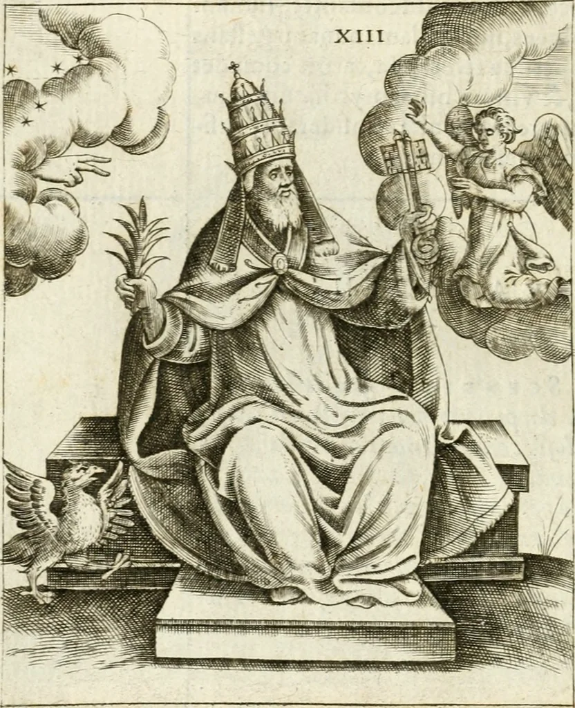 An illustration from Vaticinia, siue, Prophetiae Abbatis Ioachimi & Anselmi episcopi marsicani ... : qvibvs rota et oraculum turcicum maxime considerationis adiecta sunt : vnà cum praefatione et adnotationibus Paschalini Regiselmi = Vaticinii, ouero, Profetie dell'abbate Gioachino & di Anselmo vescovo di Marsico ... : a qvalli e aggionta una ruota et un' oracolo turchesco di grandissima cosideratione : insieme con la prefatione et annotationi di Pasqualino Regiselmo, 1600, leaf 61