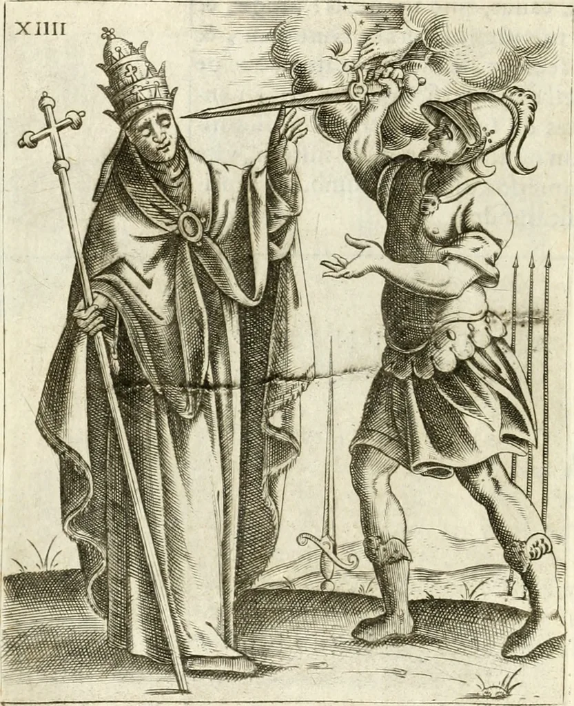 An illustration from Vaticinia, siue, Prophetiae Abbatis Ioachimi & Anselmi episcopi marsicani ... : qvibvs rota et oraculum turcicum maxime considerationis adiecta sunt : vnà cum praefatione et adnotationibus Paschalini Regiselmi = Vaticinii, ouero, Profetie dell'abbate Gioachino & di Anselmo vescovo di Marsico ... : a qvalli e aggionta una ruota et un' oracolo turchesco di grandissima cosideratione : insieme con la prefatione et annotationi di Pasqualino Regiselmo, 1600, leaf 63