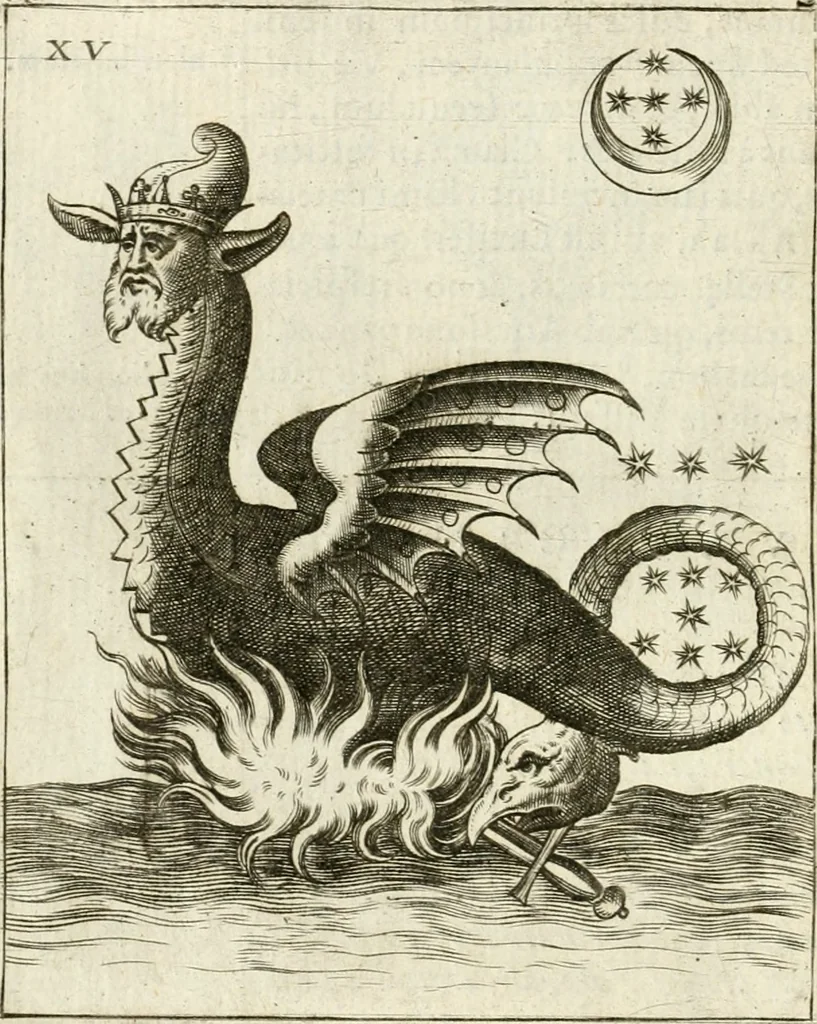 An illustration from Vaticinia, siue, Prophetiae Abbatis Ioachimi & Anselmi episcopi marsicani ... : qvibvs rota et oraculum turcicum maxime considerationis adiecta sunt : vnà cum praefatione et adnotationibus Paschalini Regiselmi = Vaticinii, ouero, Profetie dell'abbate Gioachino & di Anselmo vescovo di Marsico ... : a qvalli e aggionta una ruota et un' oracolo turchesco di grandissima cosideratione : insieme con la prefatione et annotationi di Pasqualino Regiselmo, 1600, leaf 65