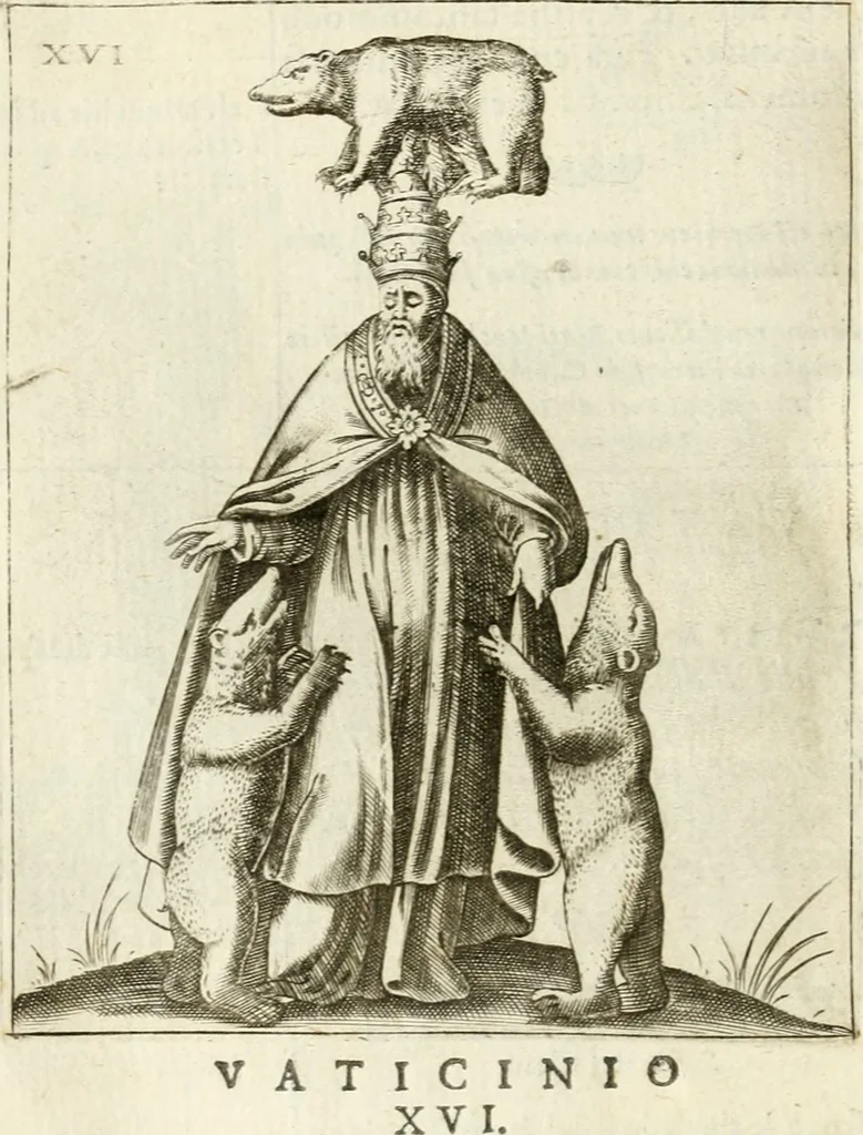 An illustration from Vaticinia, siue, Prophetiae Abbatis Ioachimi & Anselmi episcopi marsicani ... : qvibvs rota et oraculum turcicum maxime considerationis adiecta sunt : vnà cum praefatione et adnotationibus Paschalini Regiselmi = Vaticinii, ouero, Profetie dell'abbate Gioachino & di Anselmo vescovo di Marsico ... : a qvalli e aggionta una ruota et un' oracolo turchesco di grandissima cosideratione : insieme con la prefatione et annotationi di Pasqualino Regiselmo, 1600, leaf 67