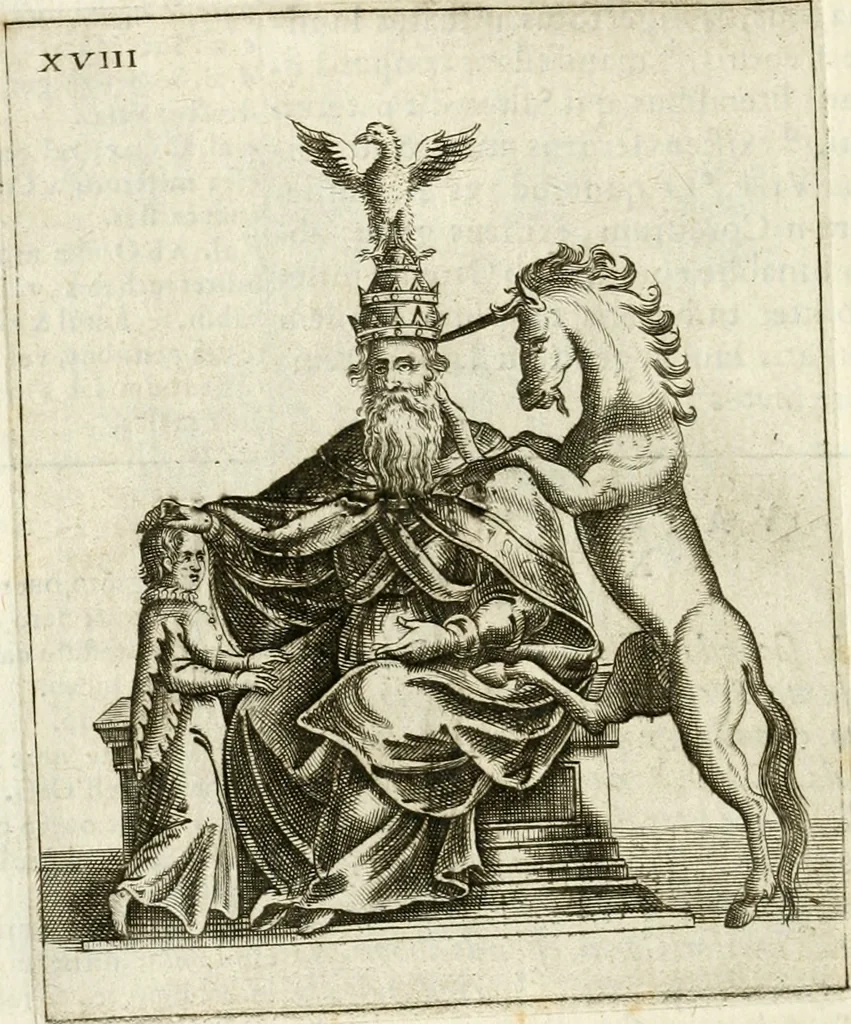 An illustration from Vaticinia, siue, Prophetiae Abbatis Ioachimi & Anselmi episcopi marsicani ... : qvibvs rota et oraculum turcicum maxime considerationis adiecta sunt : vnà cum praefatione et adnotationibus Paschalini Regiselmi = Vaticinii, ouero, Profetie dell'abbate Gioachino & di Anselmo vescovo di Marsico ... : a qvalli e aggionta una ruota et un' oracolo turchesco di grandissima cosideratione : insieme con la prefatione et annotationi di Pasqualino Regiselmo, 1600, leaf 73