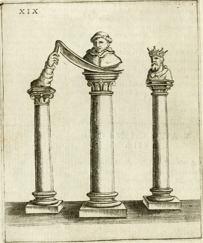 An illustration from Vaticinia, siue, Prophetiae Abbatis Ioachimi & Anselmi episcopi marsicani ... : qvibvs rota et oraculum turcicum maxime considerationis adiecta sunt : vnà cum praefatione et adnotationibus Paschalini Regiselmi = Vaticinii, ouero, Profetie dell'abbate Gioachino & di Anselmo vescovo di Marsico ... : a qvalli e aggionta una ruota et un' oracolo turchesco di grandissima cosideratione : insieme con la prefatione et annotationi di Pasqualino Regiselmo, 1600, leaf 75