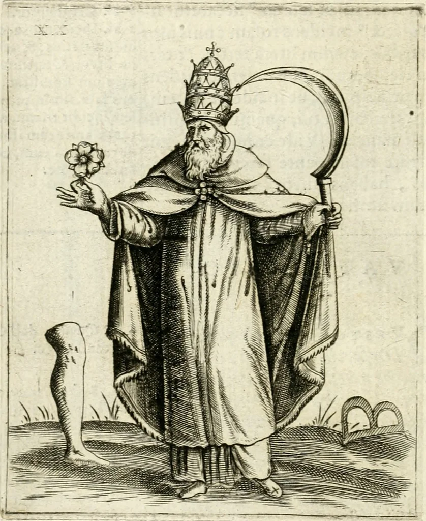 An illustration from Vaticinia, siue, Prophetiae Abbatis Ioachimi & Anselmi episcopi marsicani ... : qvibvs rota et oraculum turcicum maxime considerationis adiecta sunt : vnà cum praefatione et adnotationibus Paschalini Regiselmi = Vaticinii, ouero, Profetie dell'abbate Gioachino & di Anselmo vescovo di Marsico ... : a qvalli e aggionta una ruota et un' oracolo turchesco di grandissima cosideratione : insieme con la prefatione et annotationi di Pasqualino Regiselmo, 1600, leaf 77