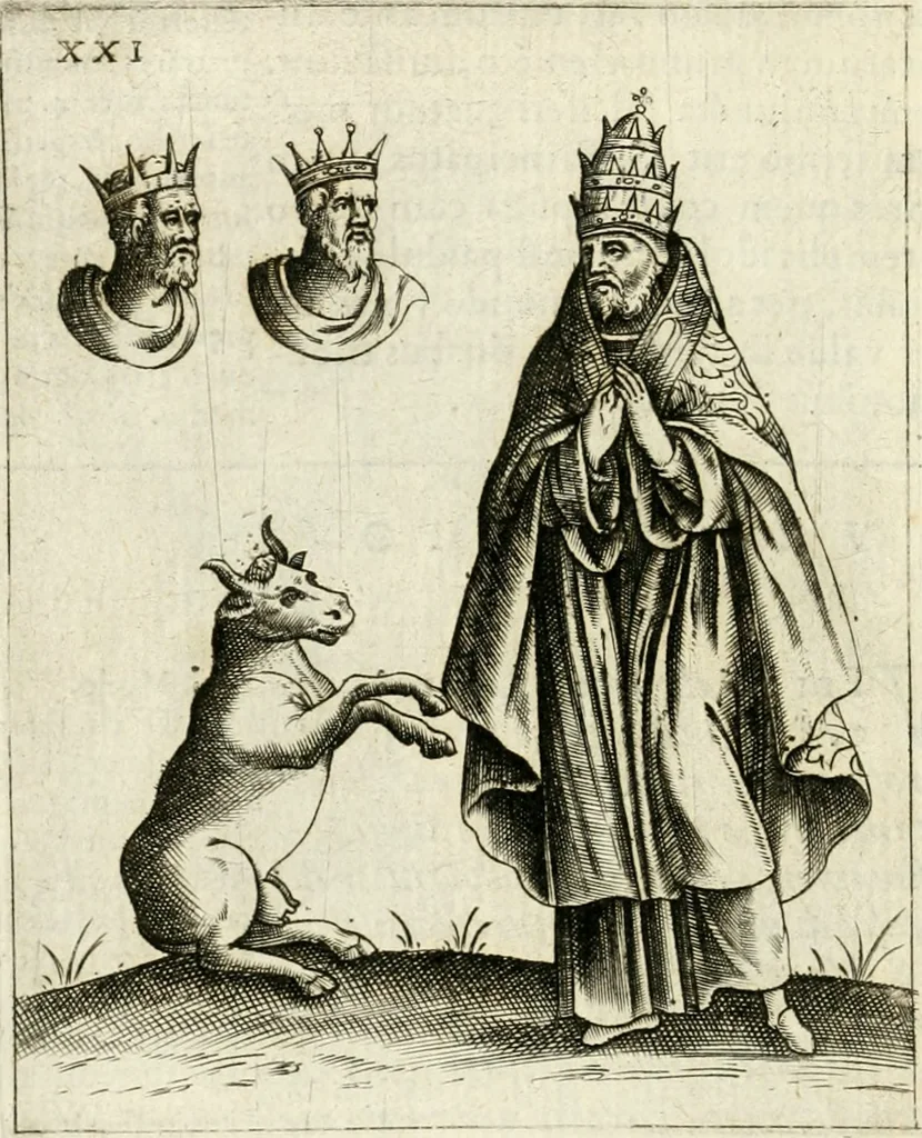 An illustration from Vaticinia, siue, Prophetiae Abbatis Ioachimi & Anselmi episcopi marsicani ... : qvibvs rota et oraculum turcicum maxime considerationis adiecta sunt : vnà cum praefatione et adnotationibus Paschalini Regiselmi = Vaticinii, ouero, Profetie dell'abbate Gioachino & di Anselmo vescovo di Marsico ... : a qvalli e aggionta una ruota et un' oracolo turchesco di grandissima cosideratione : insieme con la prefatione et annotationi di Pasqualino Regiselmo, 1600, leaf 79
