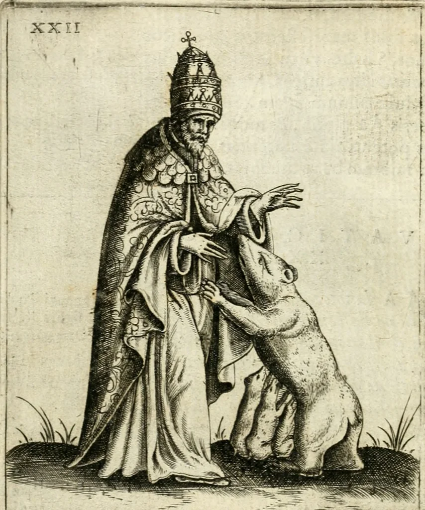 An illustration from Vaticinia, siue, Prophetiae Abbatis Ioachimi & Anselmi episcopi marsicani ... : qvibvs rota et oraculum turcicum maxime considerationis adiecta sunt : vnà cum praefatione et adnotationibus Paschalini Regiselmi = Vaticinii, ouero, Profetie dell'abbate Gioachino & di Anselmo vescovo di Marsico ... : a qvalli e aggionta una ruota et un' oracolo turchesco di grandissima cosideratione : insieme con la prefatione et annotationi di Pasqualino Regiselmo, 1600, leaf 81