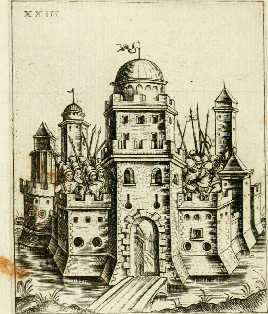 An illustration from Vaticinia, siue, Prophetiae Abbatis Ioachimi & Anselmi episcopi marsicani ... : qvibvs rota et oraculum turcicum maxime considerationis adiecta sunt : vnà cum praefatione et adnotationibus Paschalini Regiselmi = Vaticinii, ouero, Profetie dell'abbate Gioachino & di Anselmo vescovo di Marsico ... : a qvalli e aggionta una ruota et un' oracolo turchesco di grandissima cosideratione : insieme con la prefatione et annotationi di Pasqualino Regiselmo, 1600, leaf 83