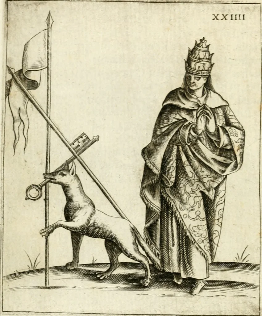 An illustration from Vaticinia, siue, Prophetiae Abbatis Ioachimi & Anselmi episcopi marsicani ... : qvibvs rota et oraculum turcicum maxime considerationis adiecta sunt : vnà cum praefatione et adnotationibus Paschalini Regiselmi = Vaticinii, ouero, Profetie dell'abbate Gioachino & di Anselmo vescovo di Marsico ... : a qvalli e aggionta una ruota et un' oracolo turchesco di grandissima cosideratione : insieme con la prefatione et annotationi di Pasqualino Regiselmo, 1600, leaf 85