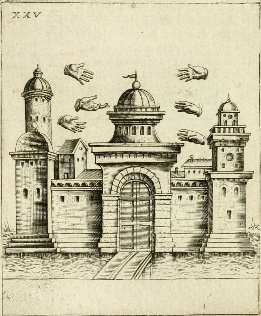 An illustration from Vaticinia, siue, Prophetiae Abbatis Ioachimi & Anselmi episcopi marsicani ... : qvibvs rota et oraculum turcicum maxime considerationis adiecta sunt : vnà cum praefatione et adnotationibus Paschalini Regiselmi = Vaticinii, ouero, Profetie dell'abbate Gioachino & di Anselmo vescovo di Marsico ... : a qvalli e aggionta una ruota et un' oracolo turchesco di grandissima cosideratione : insieme con la prefatione et annotationi di Pasqualino Regiselmo, 1600, leaf 87