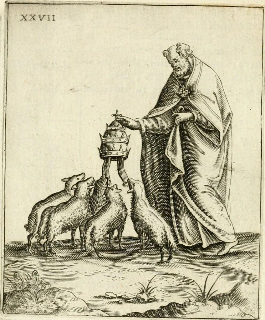 An illustration from Vaticinia, siue, Prophetiae Abbatis Ioachimi & Anselmi episcopi marsicani ... : qvibvs rota et oraculum turcicum maxime considerationis adiecta sunt : vnà cum praefatione et adnotationibus Paschalini Regiselmi = Vaticinii, ouero, Profetie dell'abbate Gioachino & di Anselmo vescovo di Marsico ... : a qvalli e aggionta una ruota et un' oracolo turchesco di grandissima cosideratione : insieme con la prefatione et annotationi di Pasqualino Regiselmo, 1600, leaf 91