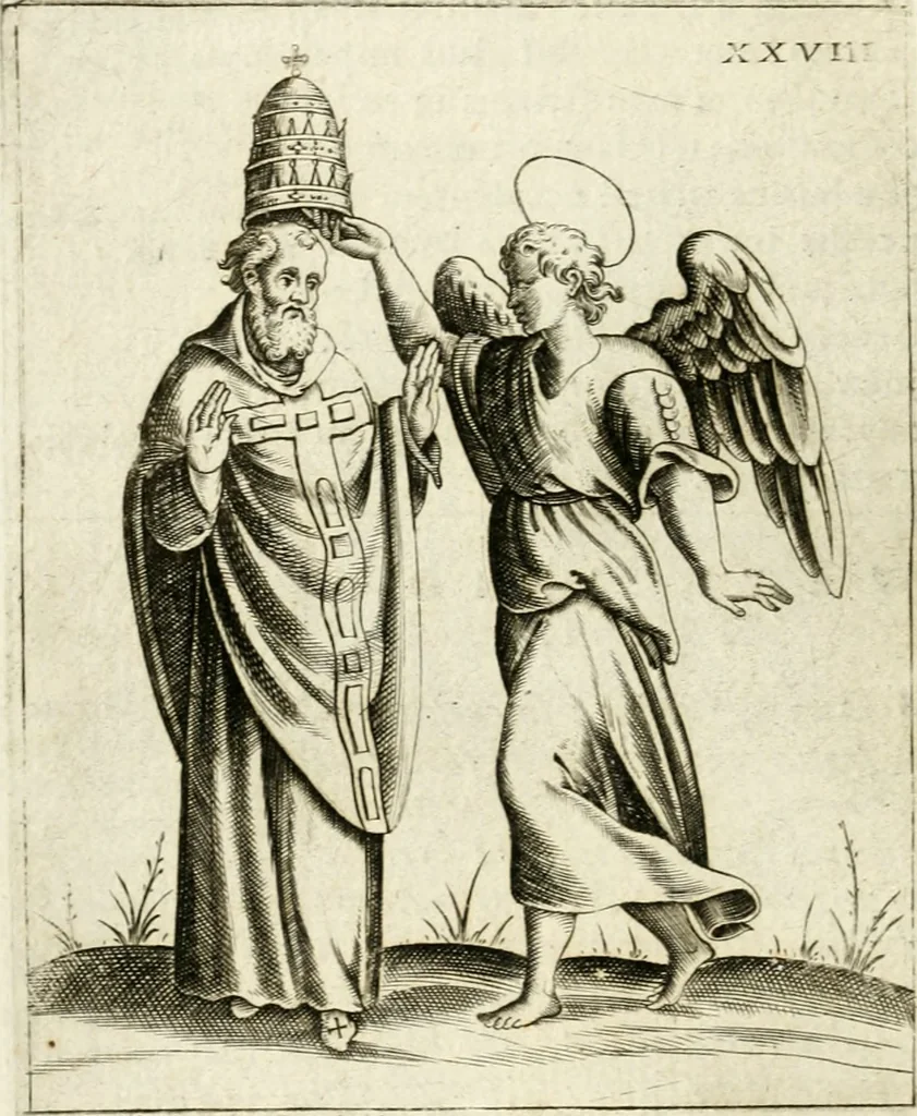 An illustration from Vaticinia, siue, Prophetiae Abbatis Ioachimi & Anselmi episcopi marsicani ... : qvibvs rota et oraculum turcicum maxime considerationis adiecta sunt : vnà cum praefatione et adnotationibus Paschalini Regiselmi = Vaticinii, ouero, Profetie dell'abbate Gioachino & di Anselmo vescovo di Marsico ... : a qvalli e aggionta una ruota et un' oracolo turchesco di grandissima cosideratione : insieme con la prefatione et annotationi di Pasqualino Regiselmo, 1600, leaf 93