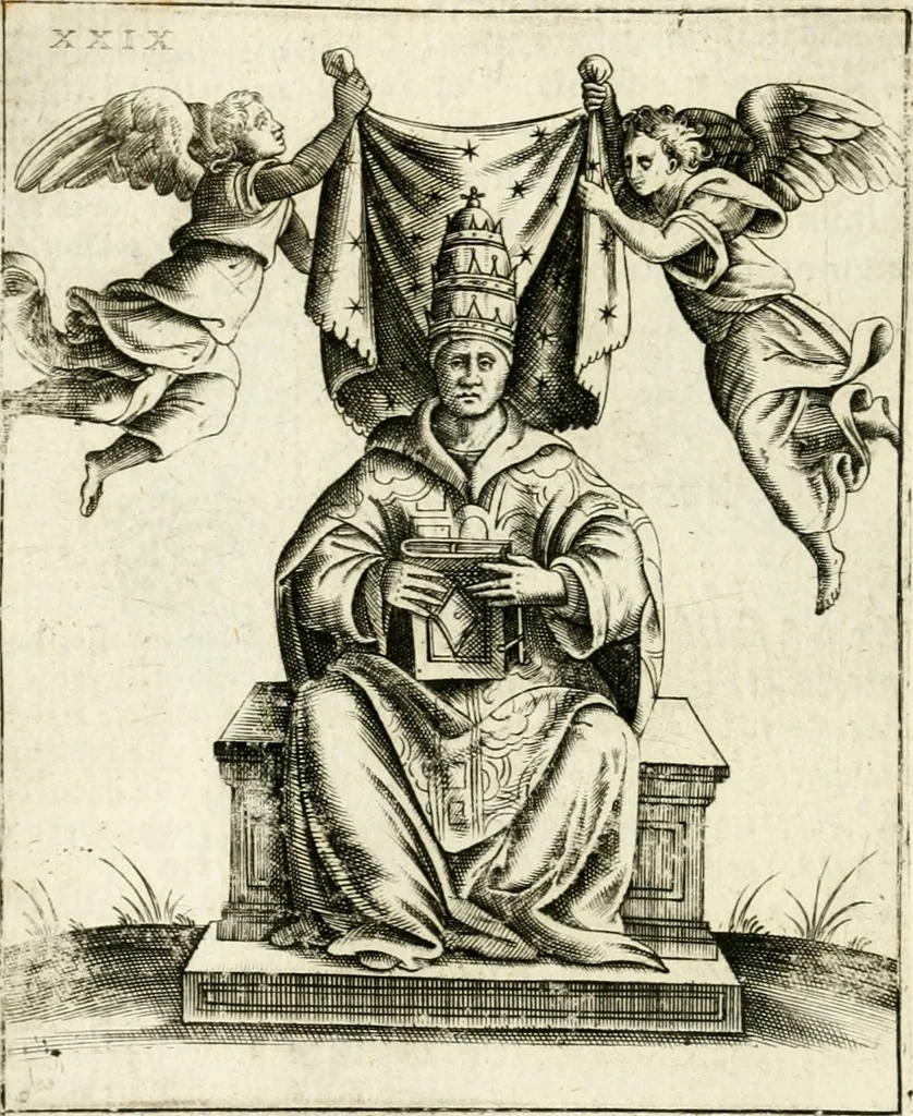 An illustration from Vaticinia, siue, Prophetiae Abbatis Ioachimi & Anselmi episcopi marsicani ... : qvibvs rota et oraculum turcicum maxime considerationis adiecta sunt : vnà cum praefatione et adnotationibus Paschalini Regiselmi = Vaticinii, ouero, Profetie dell'abbate Gioachino & di Anselmo vescovo di Marsico ... : a qvalli e aggionta una ruota et un' oracolo turchesco di grandissima cosideratione : insieme con la prefatione et annotationi di Pasqualino Regiselmo, 1600, leaf 95