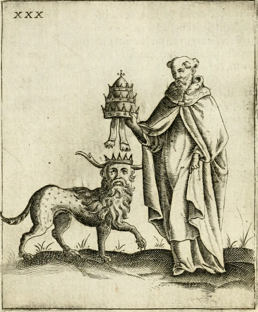 An illustration from Vaticinia, siue, Prophetiae Abbatis Ioachimi & Anselmi episcopi marsicani ... : qvibvs rota et oraculum turcicum maxime considerationis adiecta sunt : vnà cum praefatione et adnotationibus Paschalini Regiselmi = Vaticinii, ouero, Profetie dell'abbate Gioachino & di Anselmo vescovo di Marsico ... : a qvalli e aggionta una ruota et un' oracolo turchesco di grandissima cosideratione : insieme con la prefatione et annotationi di Pasqualino Regiselmo, 1600, leaf 97