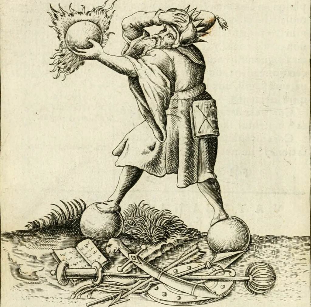 An illustration from Vaticinia, siue, Prophetiae Abbatis Ioachimi & Anselmi episcopi marsicani ... : qvibvs rota et oraculum turcicum maxime considerationis adiecta sunt : vnà cum praefatione et adnotationibus Paschalini Regiselmi = Vaticinii, ouero, Profetie dell'abbate Gioachino & di Anselmo vescovo di Marsico ... : a qvalli e aggionta una ruota et un' oracolo turchesco di grandissima cosideratione : insieme con la prefatione et annotationi di Pasqualino Regiselmo, 1600, leaf 99