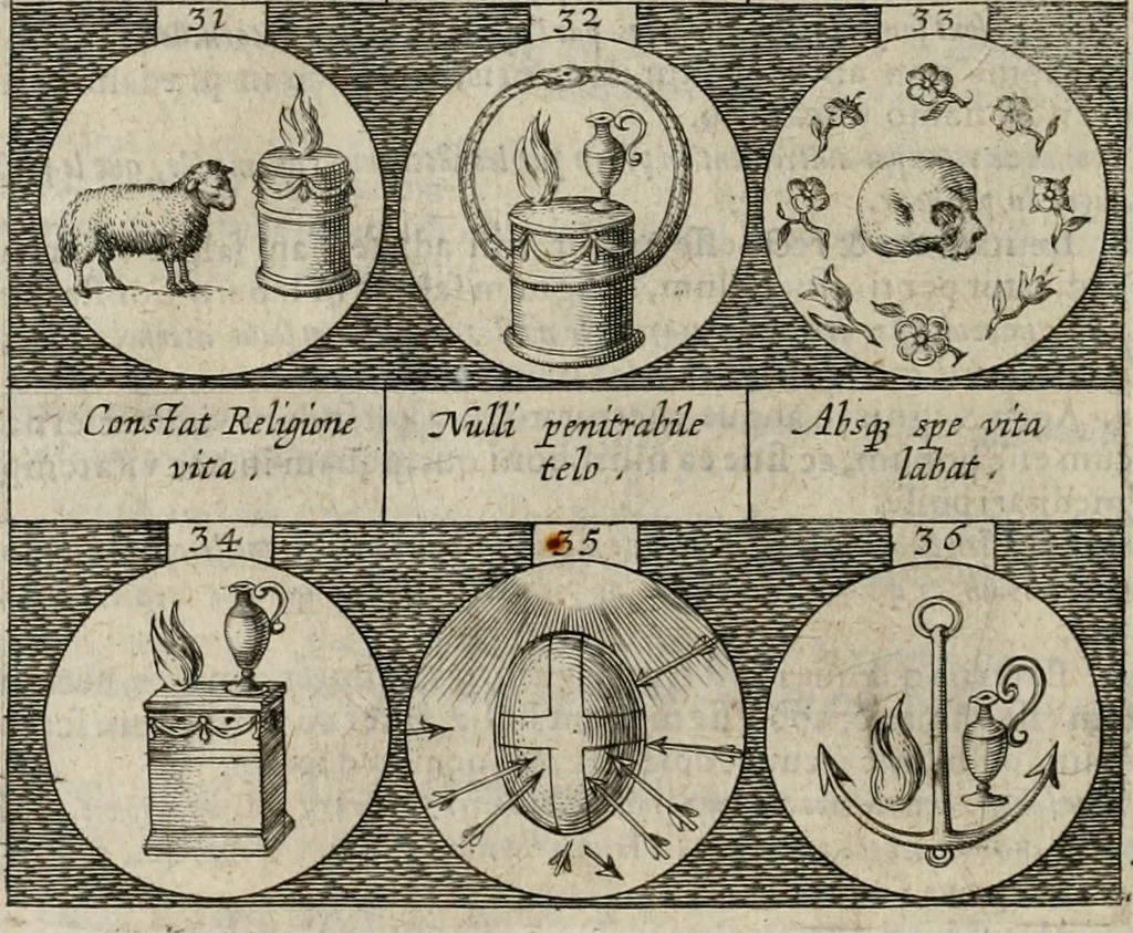 An illustration from Emblemata, sive Symbola : a Principibus, viris Eeclesiasticis, ac Militaribus, alijsque vsurpanda = Deuises, ou, Emblemes : pour Princes, gens d'Eglise, gens de guerre, & aultres, 1624, leaf 13