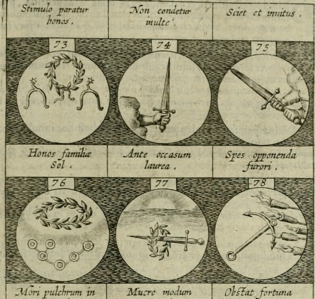 An illustration from Emblemata, sive Symbola : a Principibus, viris Eeclesiasticis, ac Militaribus, alijsque vsurpanda = Deuises, ou, Emblemes : pour Princes, gens d'Eglise, gens de guerre, & aultres, 1624, leaf 22
