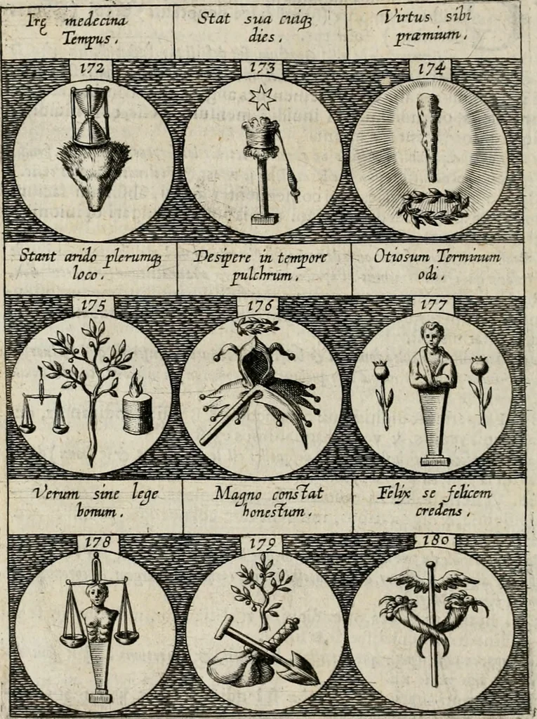 An illustration from Emblemata, sive Symbola : a Principibus, viris Eeclesiasticis, ac Militaribus, alijsque vsurpanda = Deuises, ou, Emblemes : pour Princes, gens d'Eglise, gens de guerre, & aultres, 1624, leaf 45