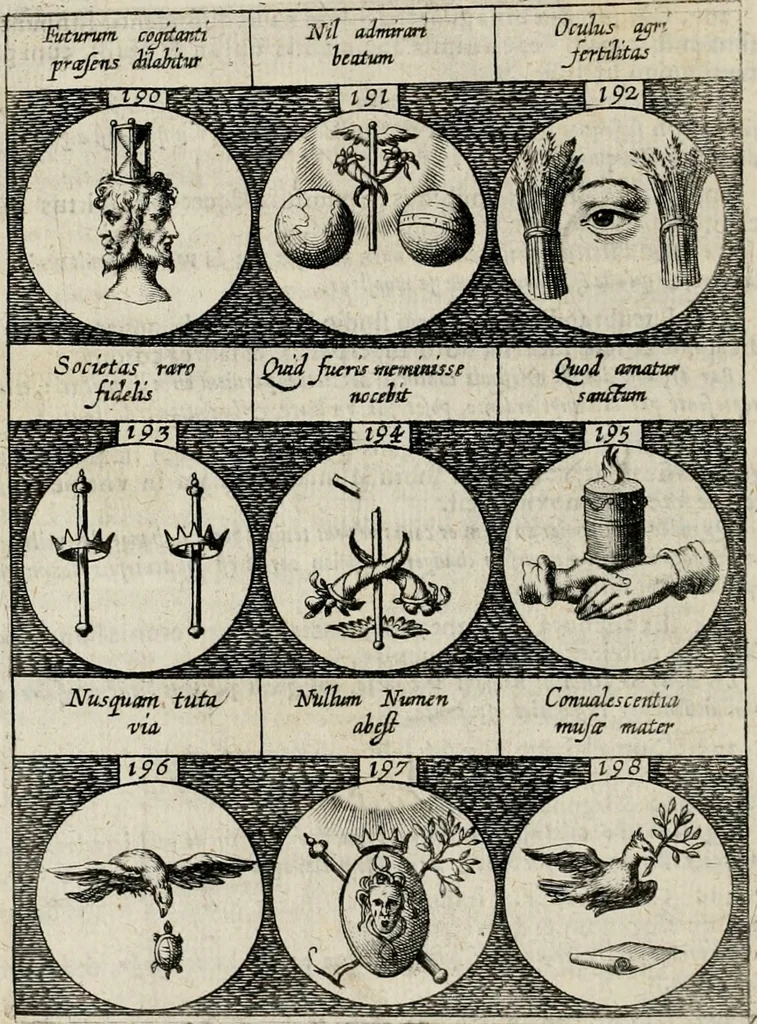 An illustration from Emblemata, sive Symbola : a Principibus, viris Eeclesiasticis, ac Militaribus, alijsque vsurpanda = Deuises, ou, Emblemes : pour Princes, gens d'Eglise, gens de guerre, & aultres, 1624, leaf 49