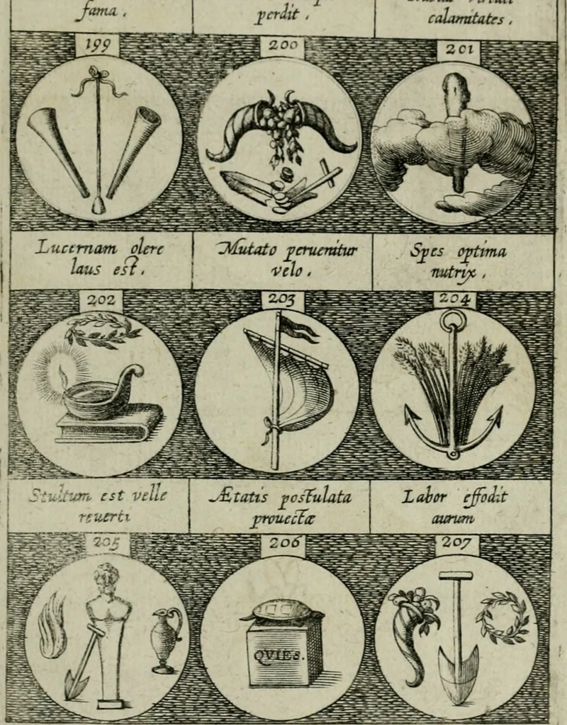 An illustration from Emblemata, sive Symbola : a Principibus, viris Eeclesiasticis, ac Militaribus, alijsque vsurpanda = Deuises, ou, Emblemes : pour Princes, gens d'Eglise, gens de guerre, & aultres, 1624, leaf 50