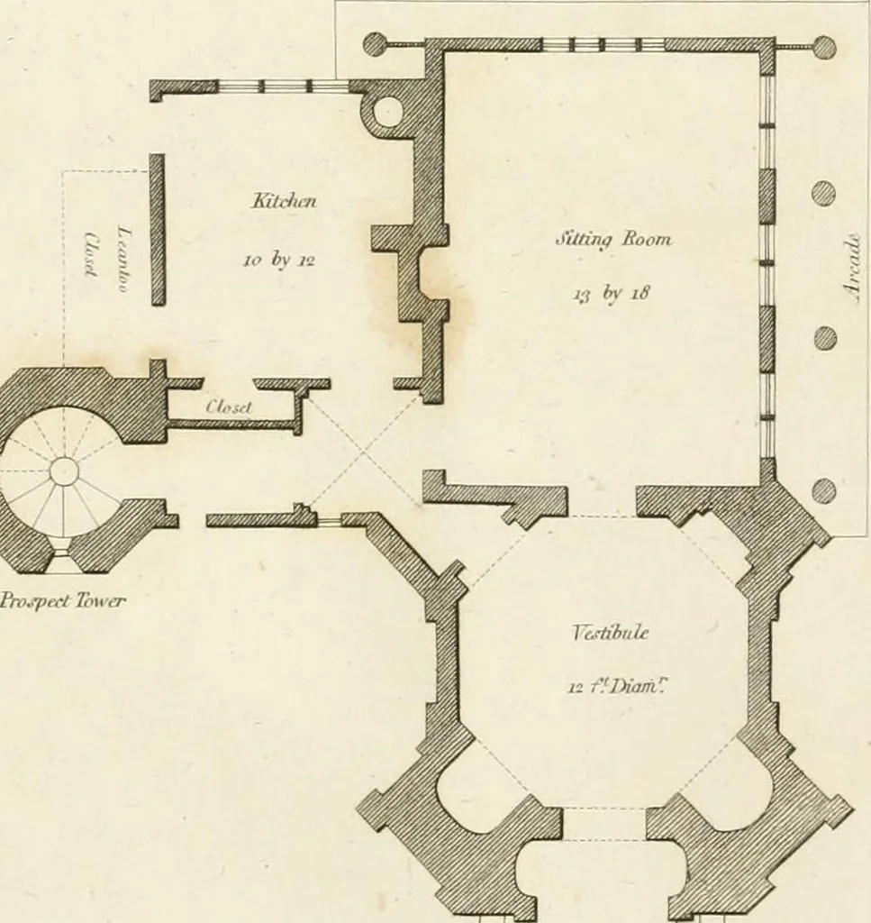 An illustration from Architectural sketches for cottages, rural dwellings, and villas, in the Grecian, Gothic, and fancy styles, with plans : suitable to persons of genteel life and moderate fortune : preceded by some observations on scenery and character proper for picturesque buildings, 1815, leaf 102