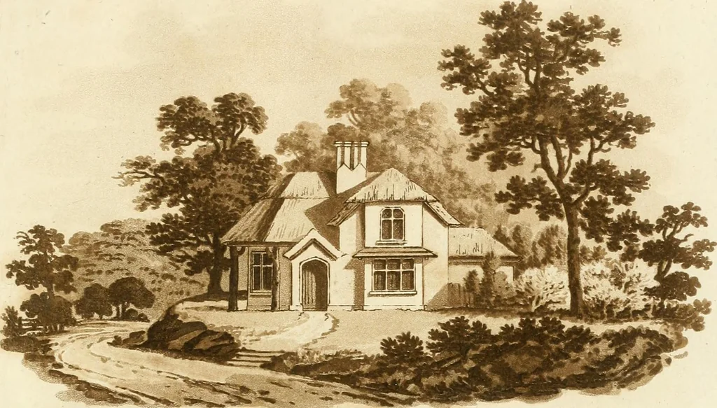An illustration from Architectural sketches for cottages, rural dwellings, and villas, in the Grecian, Gothic, and fancy styles, with plans : suitable to persons of genteel life and moderate fortune : preceded by some observations on scenery and character proper for picturesque buildings, 1815, leaf 36