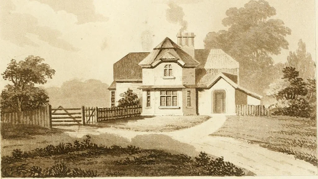 An illustration from Architectural sketches for cottages, rural dwellings, and villas, in the Grecian, Gothic, and fancy styles, with plans : suitable to persons of genteel life and moderate fortune : preceded by some observations on scenery and character proper for picturesque buildings, 1815, leaf 38