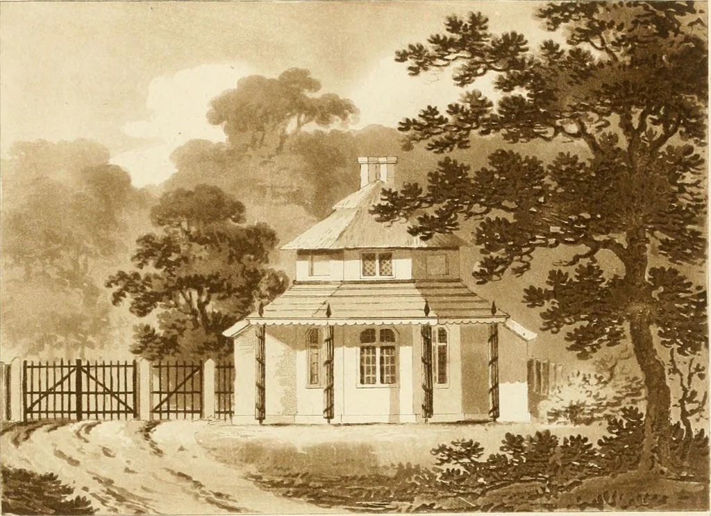 An illustration from Architectural sketches for cottages, rural dwellings, and villas, in the Grecian, Gothic, and fancy styles, with plans : suitable to persons of genteel life and moderate fortune : preceded by some observations on scenery and character proper for picturesque buildings, 1815, leaf 42