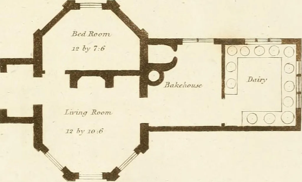 An illustration from Architectural sketches for cottages, rural dwellings, and villas, in the Grecian, Gothic, and fancy styles, with plans : suitable to persons of genteel life and moderate fortune : preceded by some observations on scenery and character proper for picturesque buildings, 1815, leaf 44