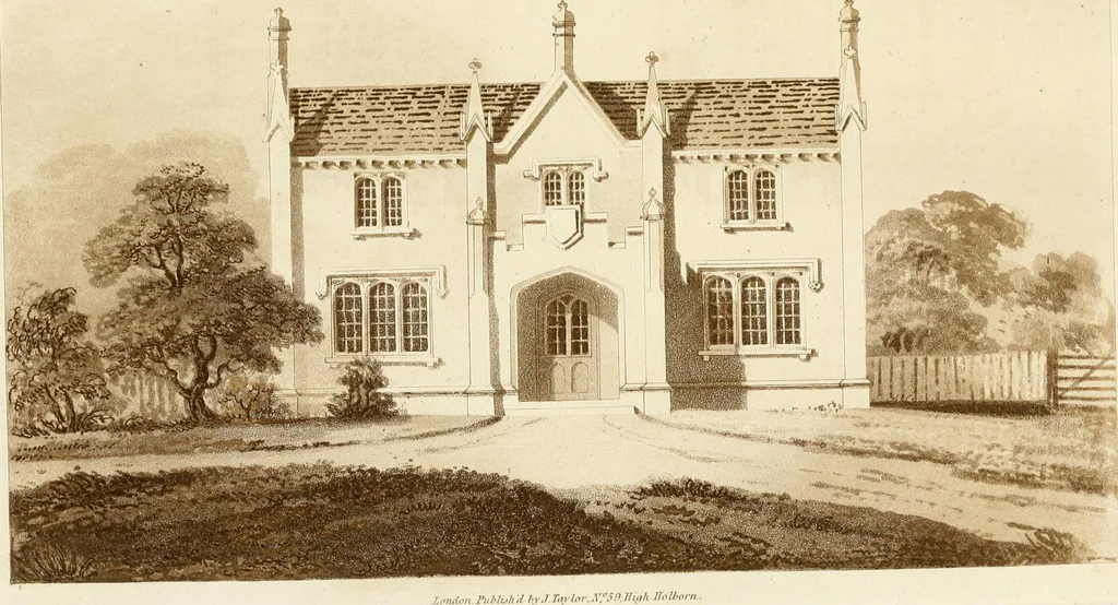 An illustration from Architectural sketches for cottages, rural dwellings, and villas, in the Grecian, Gothic, and fancy styles, with plans : suitable to persons of genteel life and moderate fortune : preceded by some observations on scenery and character proper for picturesque buildings, 1815, leaf 54