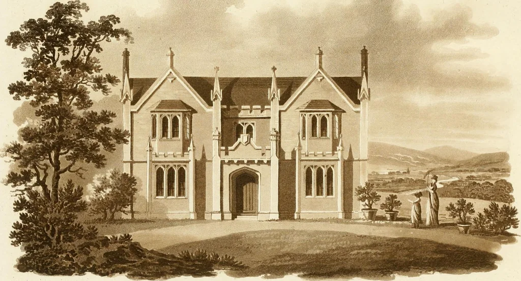 An illustration from Architectural sketches for cottages, rural dwellings, and villas, in the Grecian, Gothic, and fancy styles, with plans : suitable to persons of genteel life and moderate fortune : preceded by some observations on scenery and character proper for picturesque buildings, 1815, leaf 70