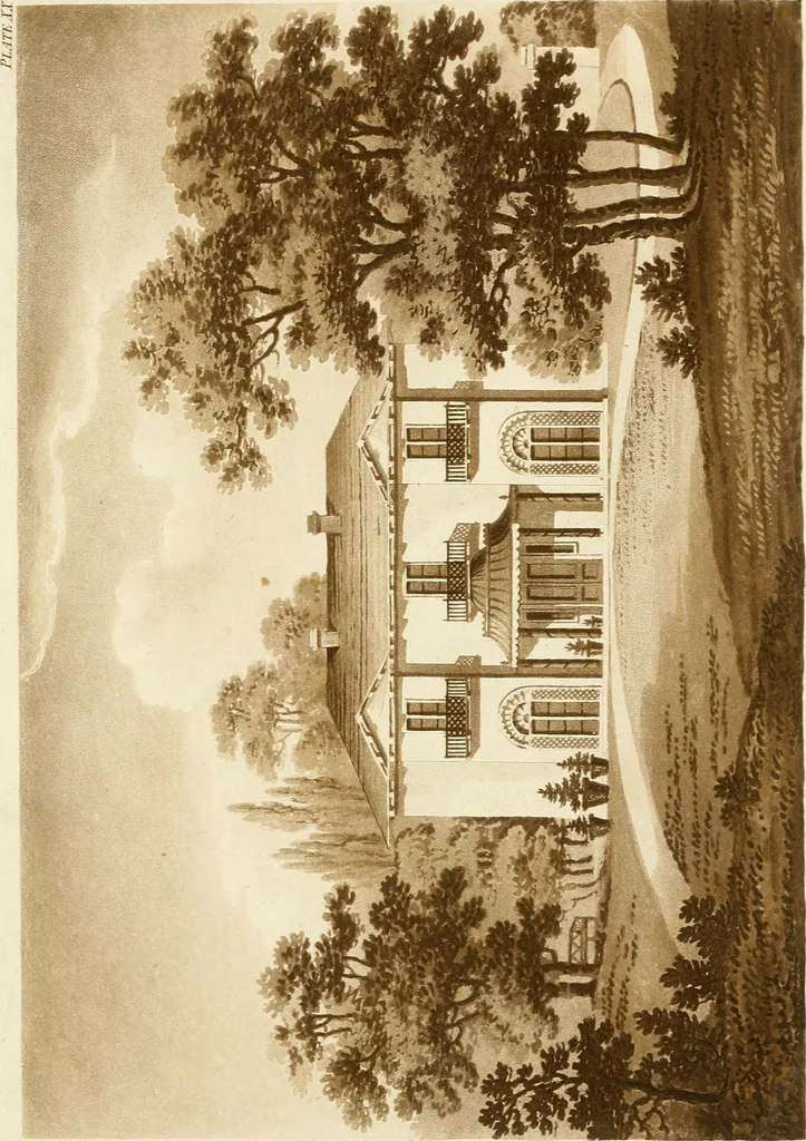 An illustration from Architectural sketches for cottages, rural dwellings, and villas, in the Grecian, Gothic, and fancy styles, with plans : suitable to persons of genteel life and moderate fortune : preceded by some observations on scenery and character proper for picturesque buildings, 1815, leaf 74