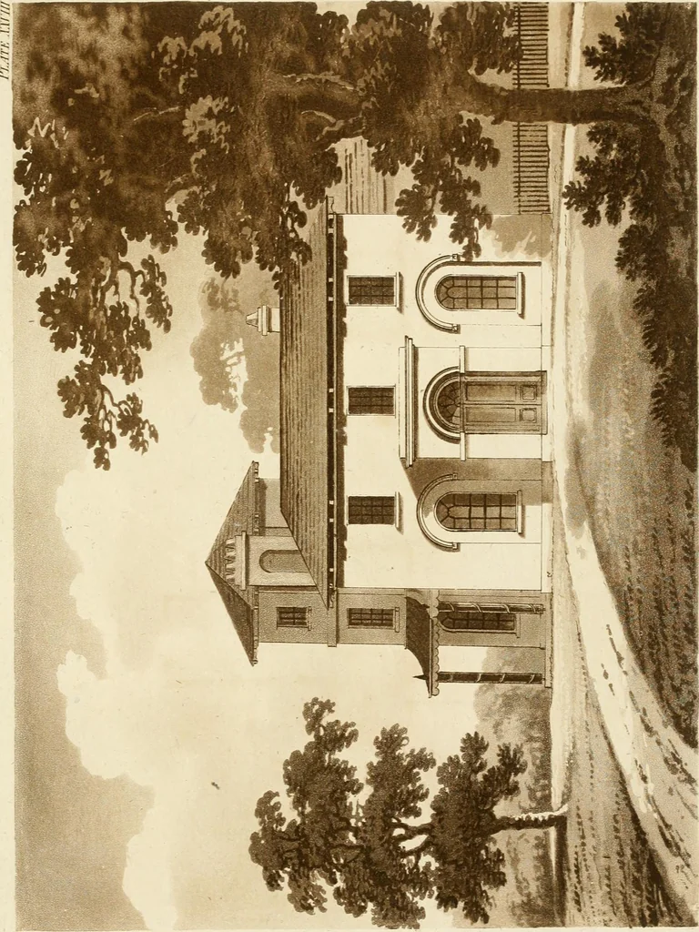 An illustration from Architectural sketches for cottages, rural dwellings, and villas, in the Grecian, Gothic, and fancy styles, with plans : suitable to persons of genteel life and moderate fortune : preceded by some observations on scenery and character proper for picturesque buildings, 1815, leaf 88