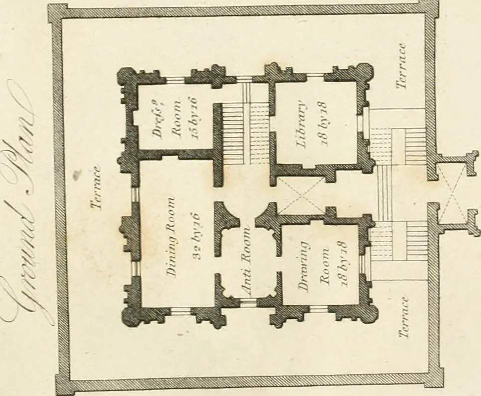 An illustration from Architectural sketches for cottages, rural dwellings, and villas, in the Grecian, Gothic, and fancy styles, with plans : suitable to persons of genteel life and moderate fortune : preceded by some observations on scenery and character proper for picturesque buildings, 1815, leaf 94