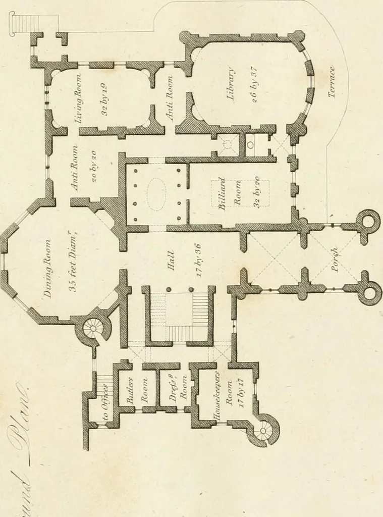 An illustration from Architectural sketches for cottages, rural dwellings, and villas, in the Grecian, Gothic, and fancy styles, with plans : suitable to persons of genteel life and moderate fortune : preceded by some observations on scenery and character proper for picturesque buildings, 1815, leaf 98