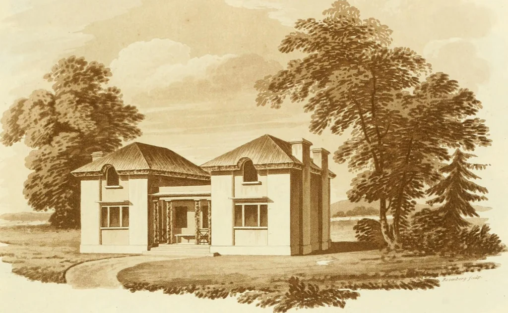 An illustration from Sketches in architecture : consisting of original designs for cottages and rural dwellings, suitable to persons of moderate fortune, and for convenient retirement : with plans and appropriate scenery to each : on twenty plates : with some general observations, 1807, leaf 28