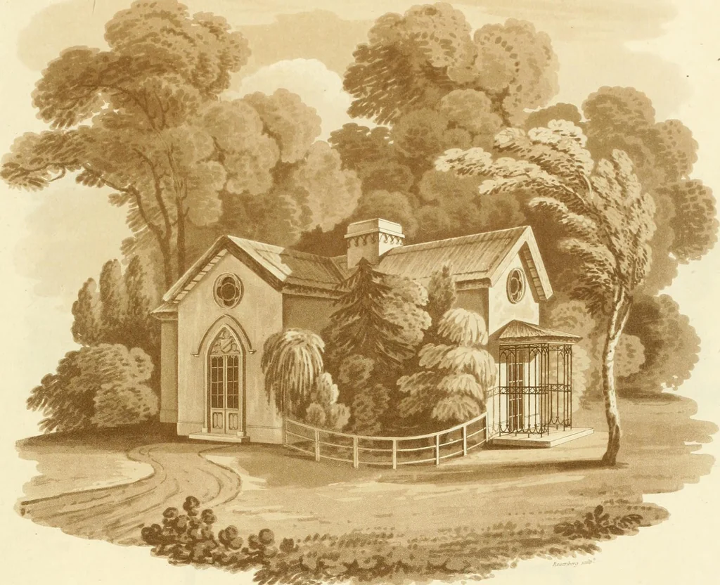 An illustration from Sketches in architecture : consisting of original designs for cottages and rural dwellings, suitable to persons of moderate fortune, and for convenient retirement : with plans and appropriate scenery to each : on twenty plates : with some general observations, 1807, leaf 30