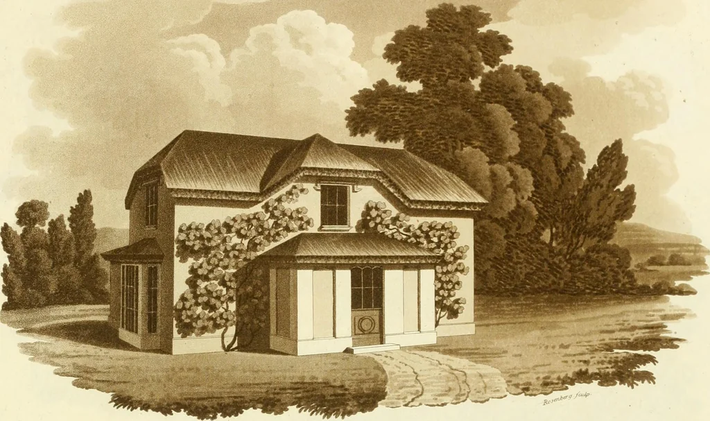 An illustration from Sketches in architecture : consisting of original designs for cottages and rural dwellings, suitable to persons of moderate fortune, and for convenient retirement : with plans and appropriate scenery to each : on twenty plates : with some general observations, 1807, leaf 34