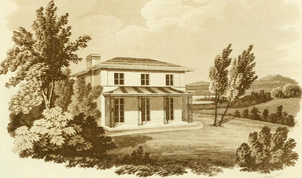 An illustration from Sketches in architecture : consisting of original designs for cottages and rural dwellings, suitable to persons of moderate fortune, and for convenient retirement : with plans and appropriate scenery to each : on twenty plates : with some general observations, 1807, leaf 36