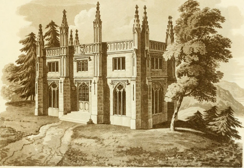 An illustration from Sketches in architecture : consisting of original designs for cottages and rural dwellings, suitable to persons of moderate fortune, and for convenient retirement : with plans and appropriate scenery to each : on twenty plates : with some general observations, 1807, leaf 38